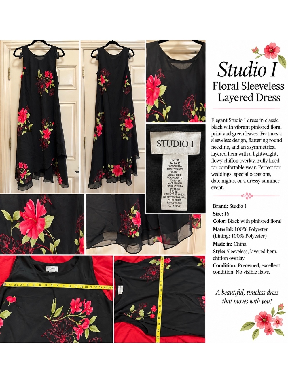 Studio I Black Pink Floral Chiffon Layered Maxi Dress Size 16